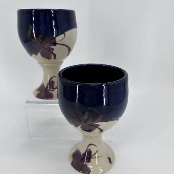 Kent Follette Signed Art Pottery Wine Goblets Hand Painted Ceramic 8" Blue (2) - Picture 1 of 7